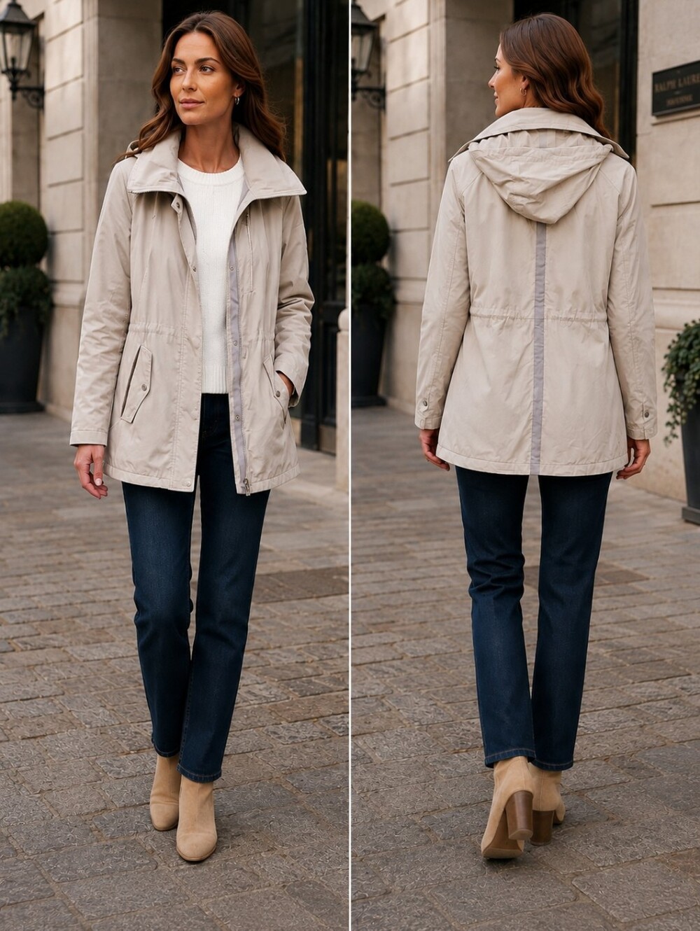 LAUREN RALPH LAUREN Beige Hoody Windbreaker Jacket Sz M Pockets Outdoor Travel